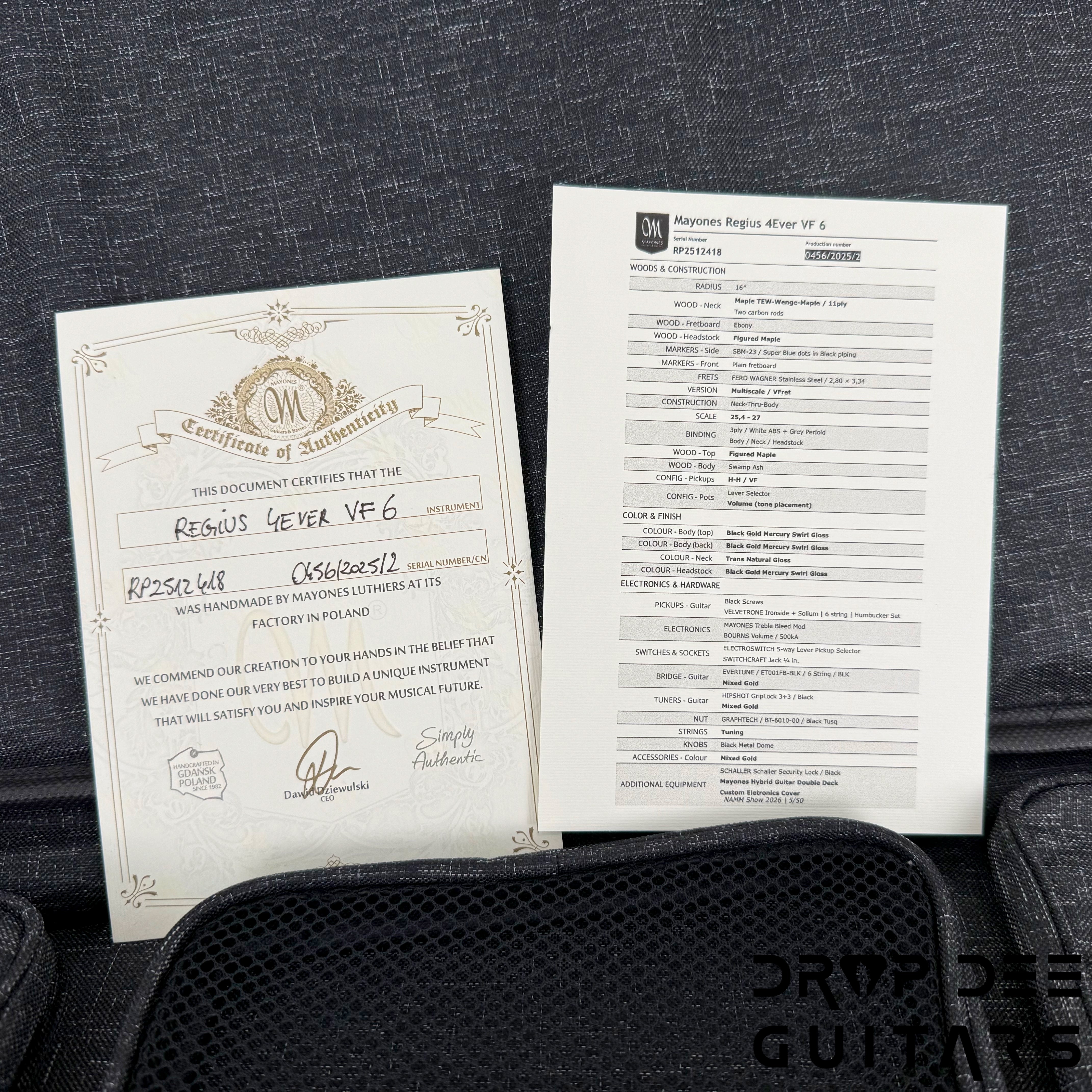 Mayones Regius 4Ever VF 6 Multiscale Evertune Electric Guitar w/ Case - Black Gold Mercury Swirl