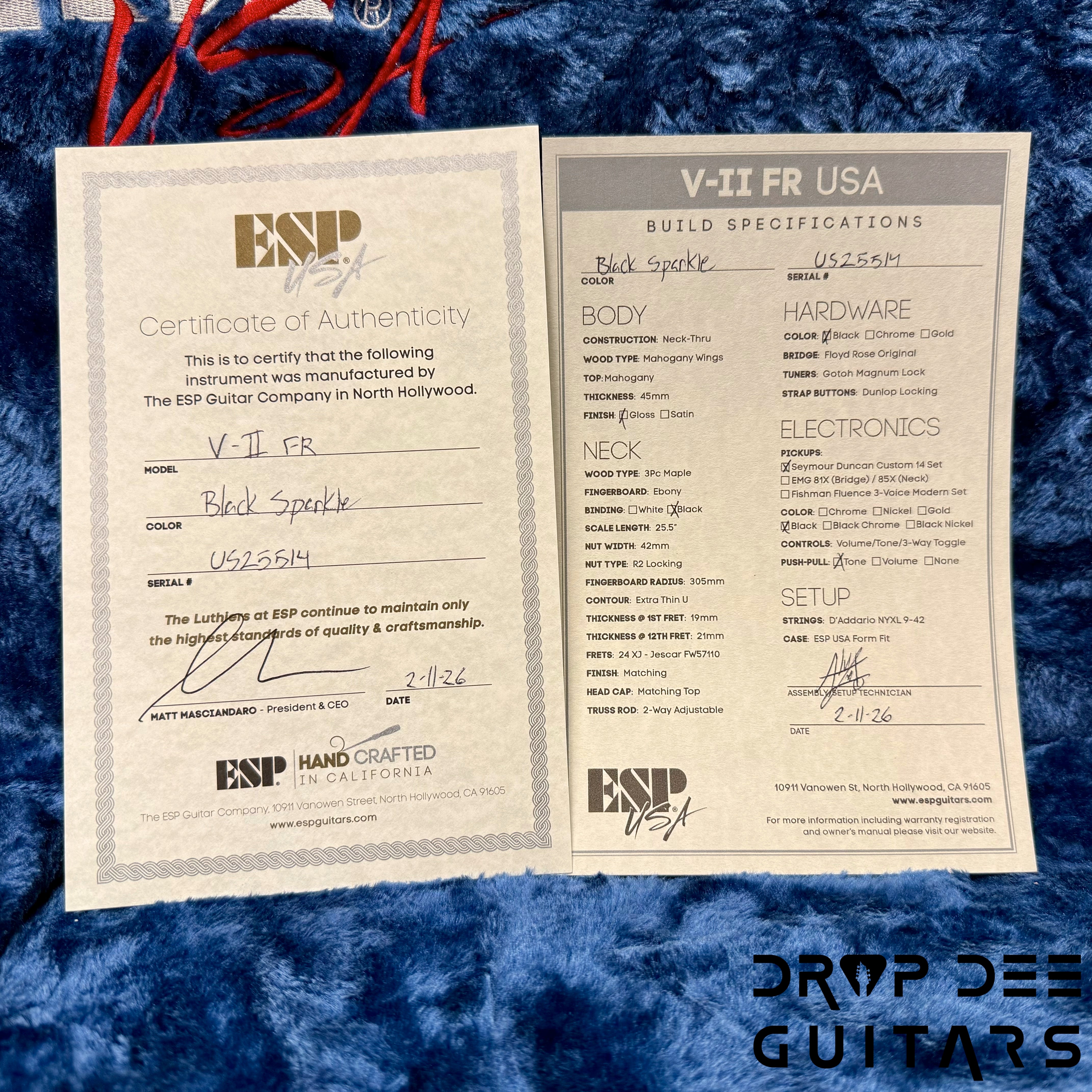 ESP USA V-II FR Electric Guitar w/ Case - Black Sparkle