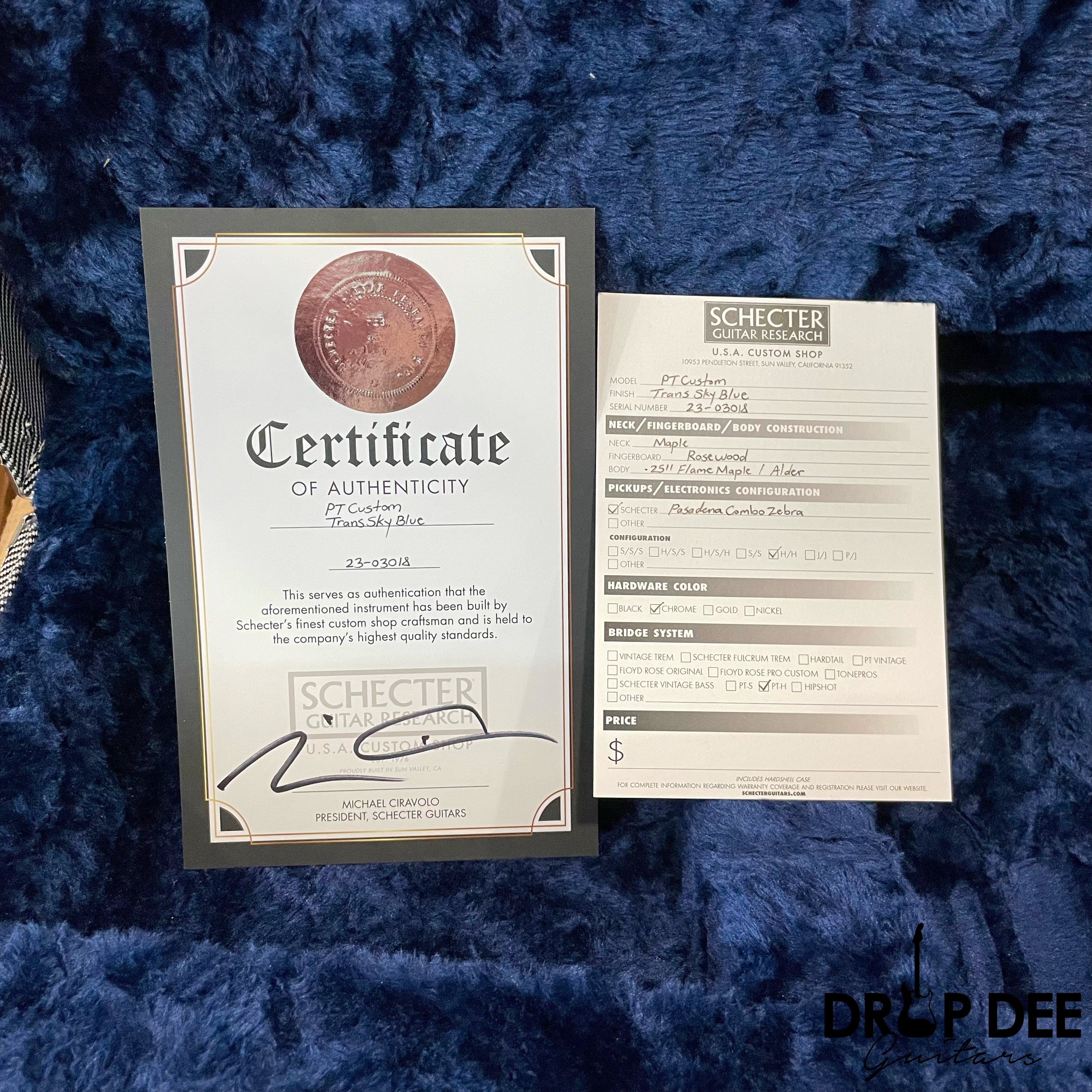 Schecter USA Custom Shop PT Custom Electric Guitar w/ Case - Trans Sky Blue