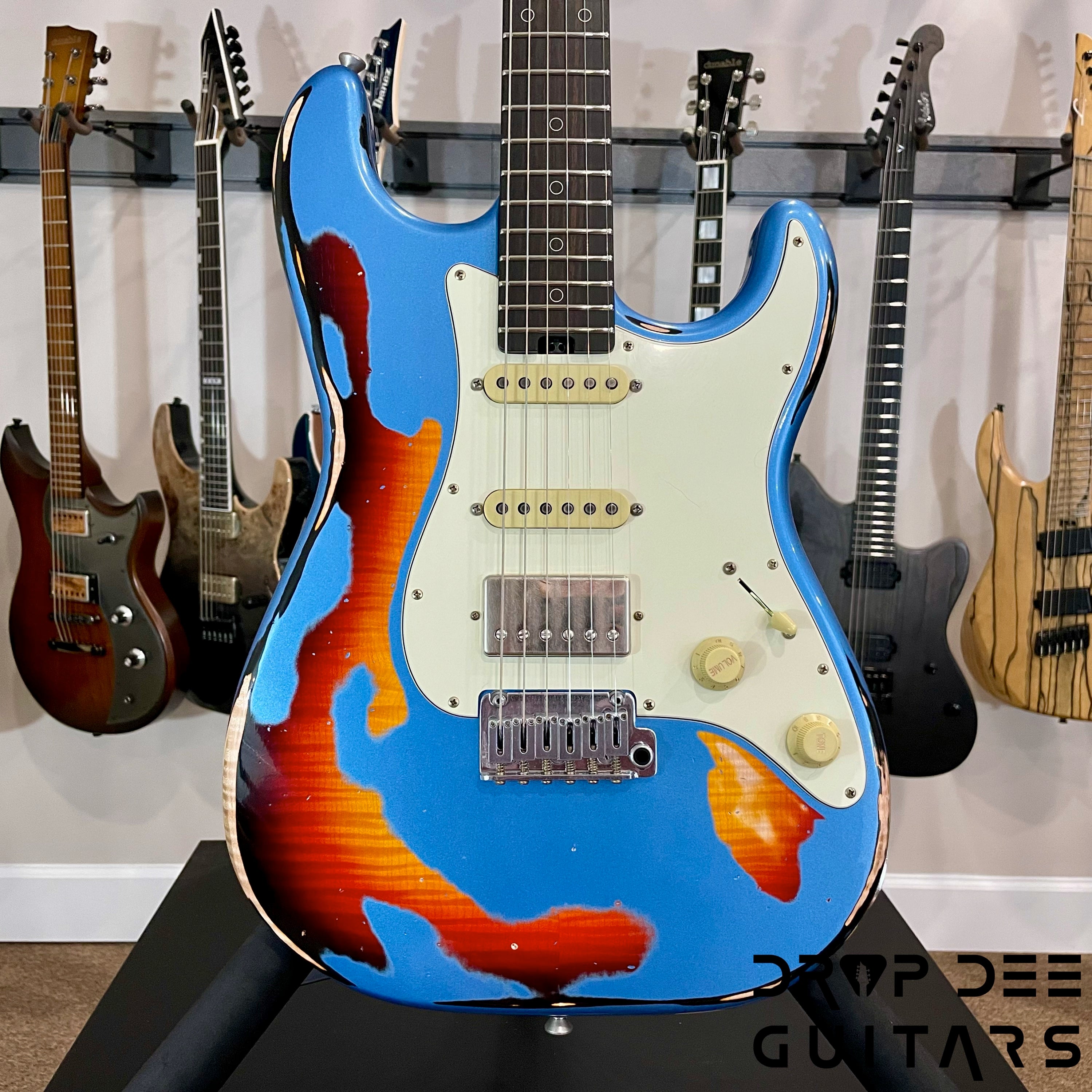 Schecter USA Custom Shop Nick Johnston Traditional Electric Guitar w/ Case - Lake Placid Blue over 3-Tone Sunburst (Heavy Relic)