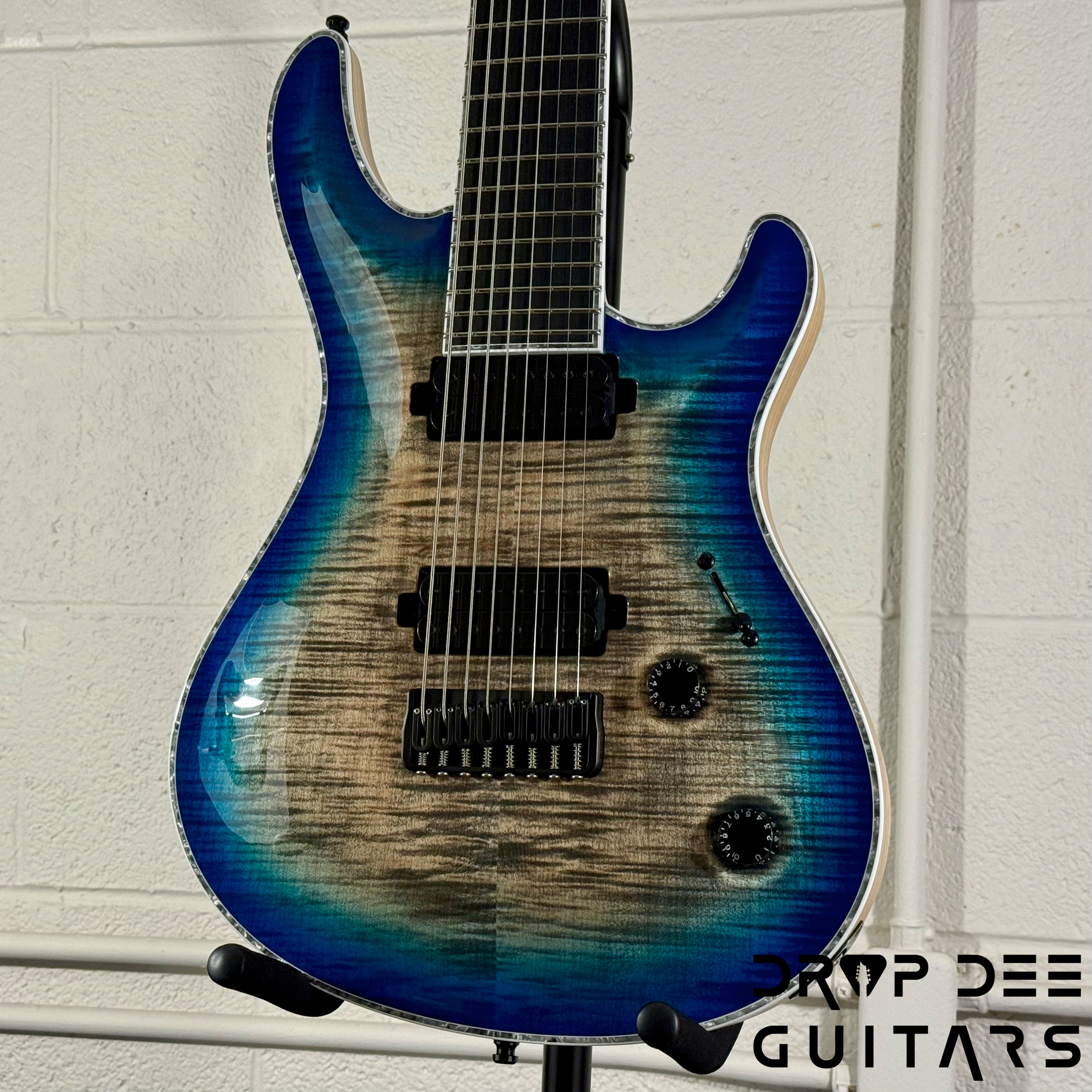 Mayones Regius Core 8 B27 Baritone 8-String Electric Guitar w/ Case - Trans Jeans Black 3Tone Blue Burst