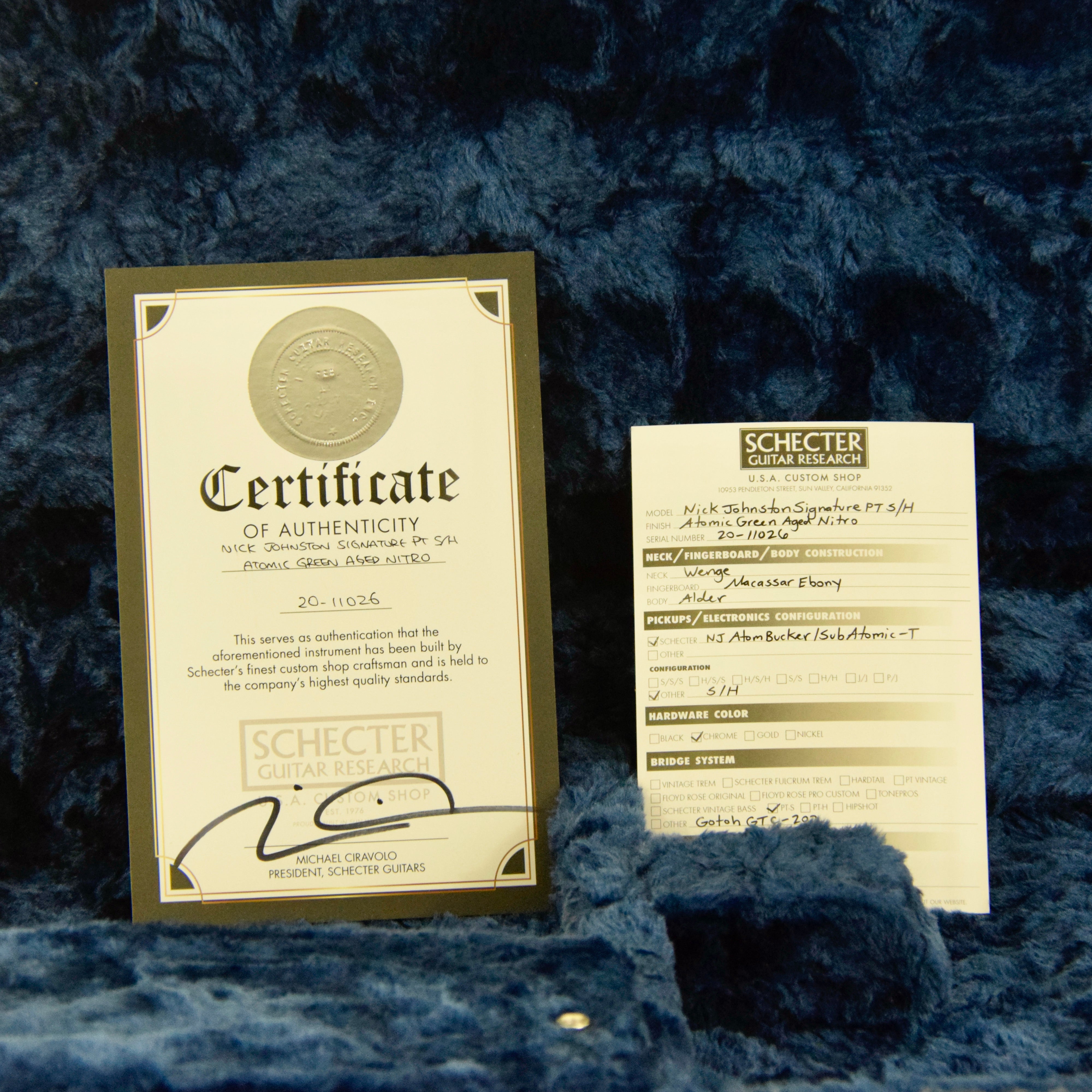 Schecter USA Custom Shop Nick Johnston Signature PT Electric Guitar w/ Case (1026) - Atomic Green Aged Nitro