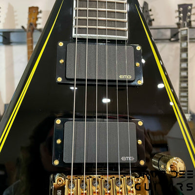 Jackson MJ Series Rhoads RR24MG Electric Guitar w/ Case - Black with Yellow Pinstripes