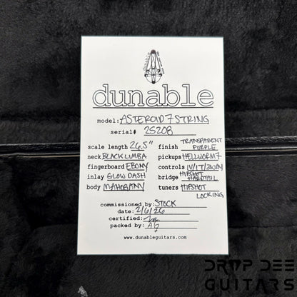 Dunable USA Custom Shop Asteroid 7 7-String Electric Guitar w/ Case - Trans Purple