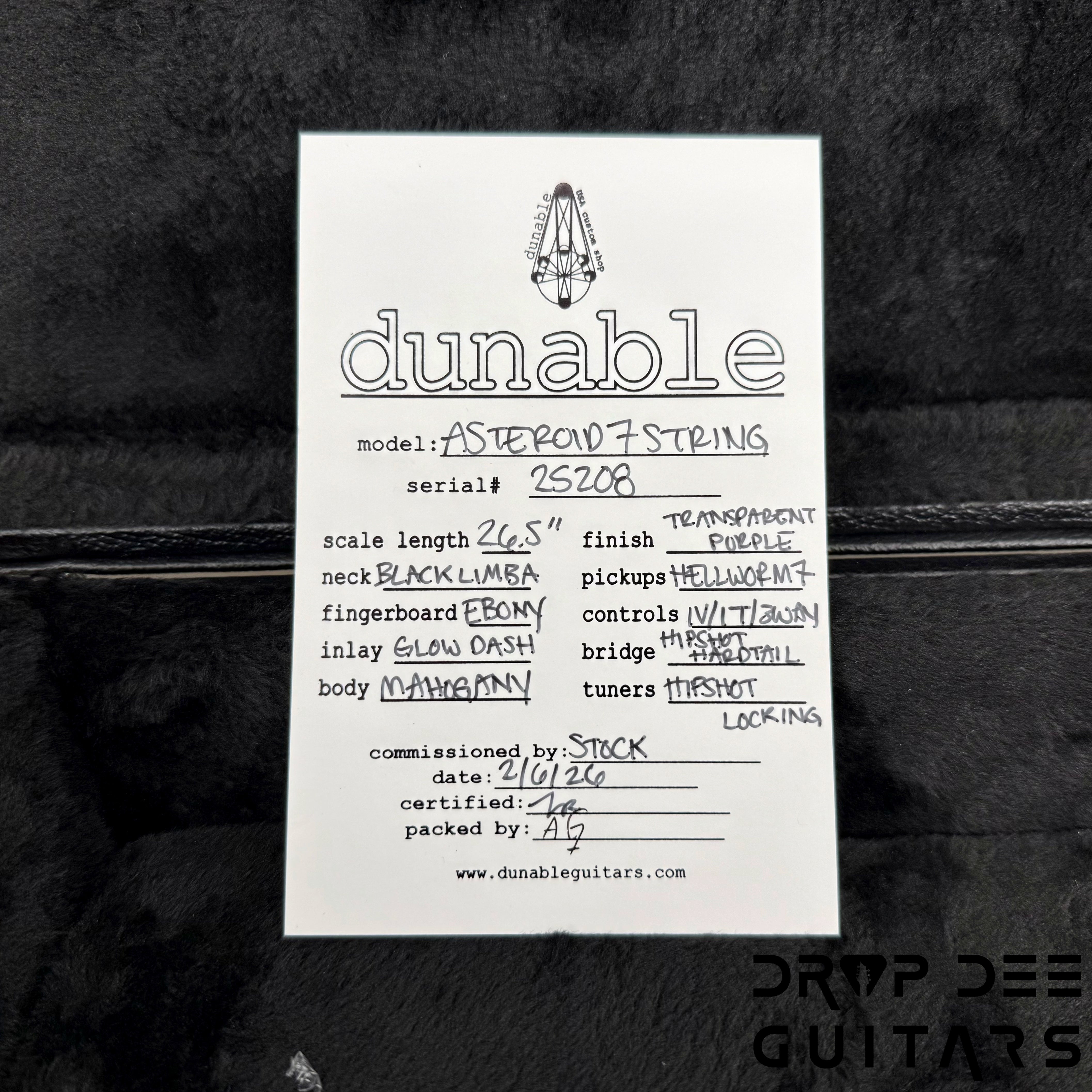 Dunable USA Custom Shop Asteroid 7 7-String Electric Guitar w/ Case - Trans Purple