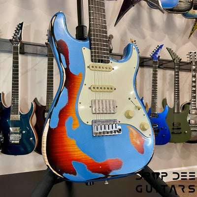 Schecter USA Custom Shop Nick Johnston Traditional Electric Guitar w/ Case - Lake Placid Blue over 3-Tone Sunburst (Heavy Relic)