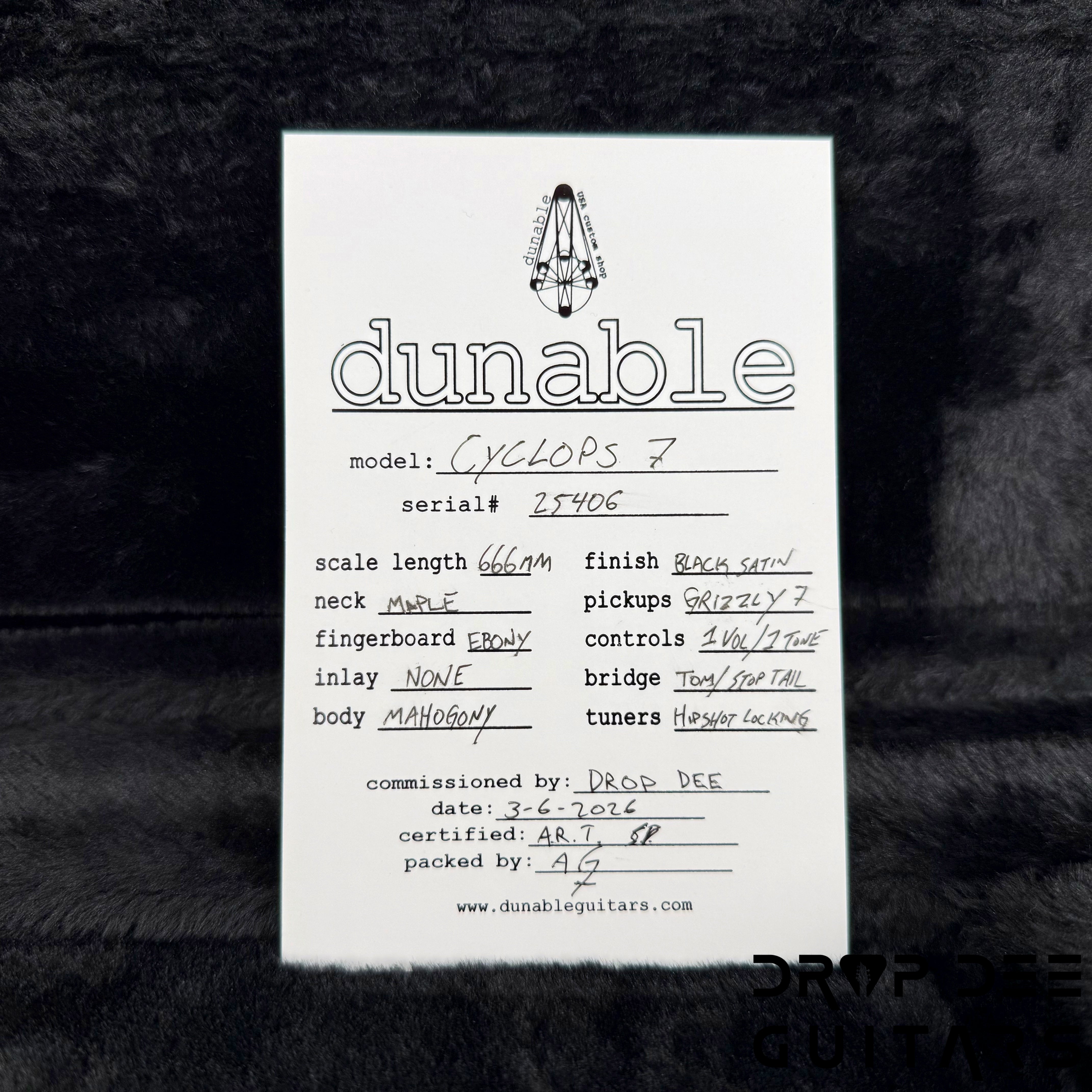 Dunable USA Custom Shop Cyclops 7 7-String Electric Guitar w/ Case - Satin Black