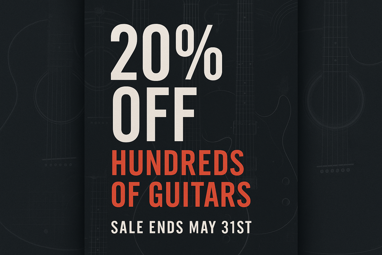 Dark modern vertical banner for a guitar store showing 20% off hundreds of guitars, sale ends May 31st